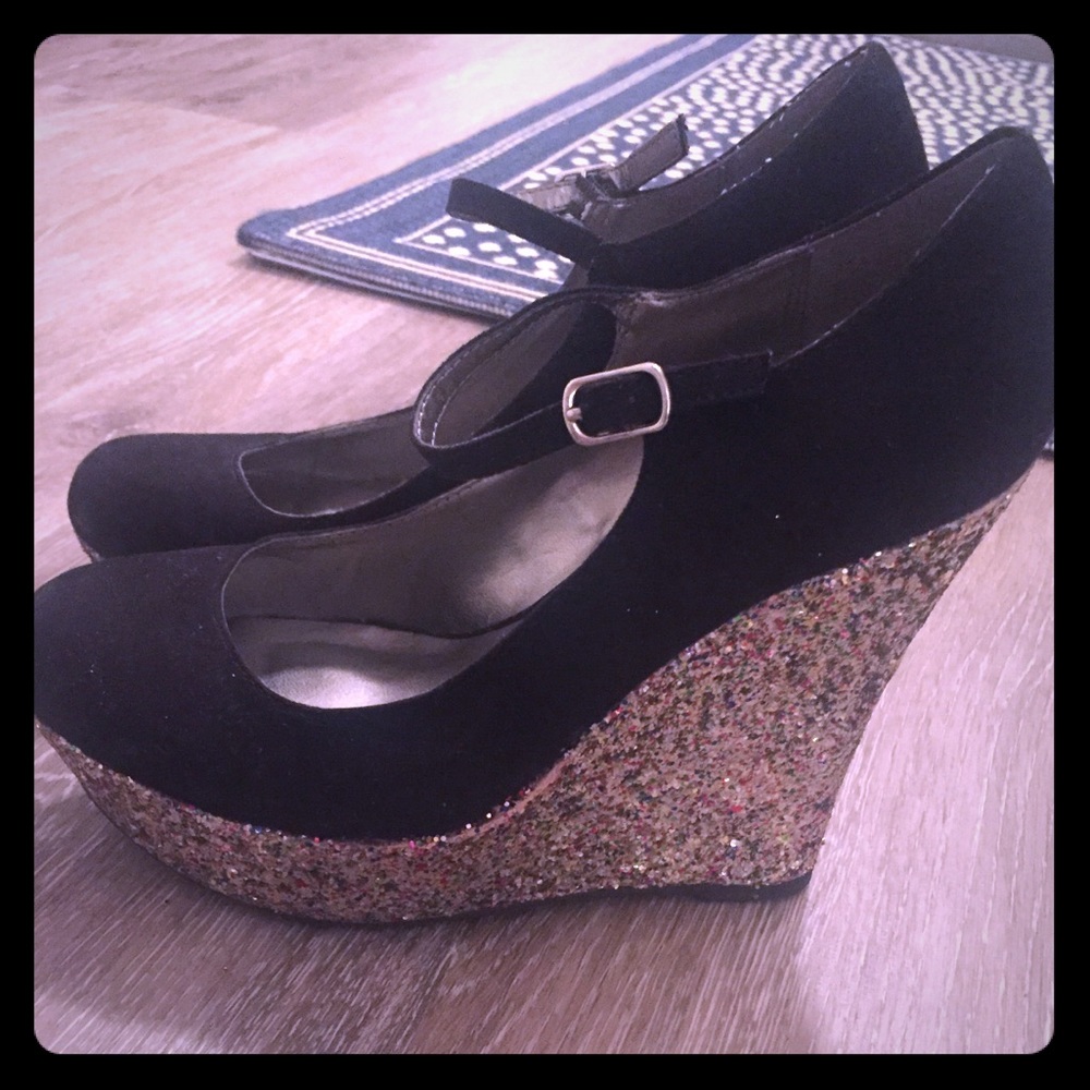 Black & Sparkle Mary Jane Wedges